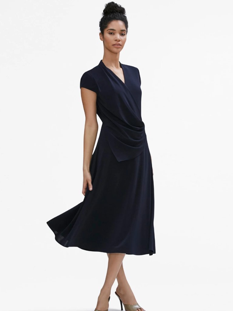 Mm.Lafleur Zulma Navy Faux Wrap Midi Dress Sz L